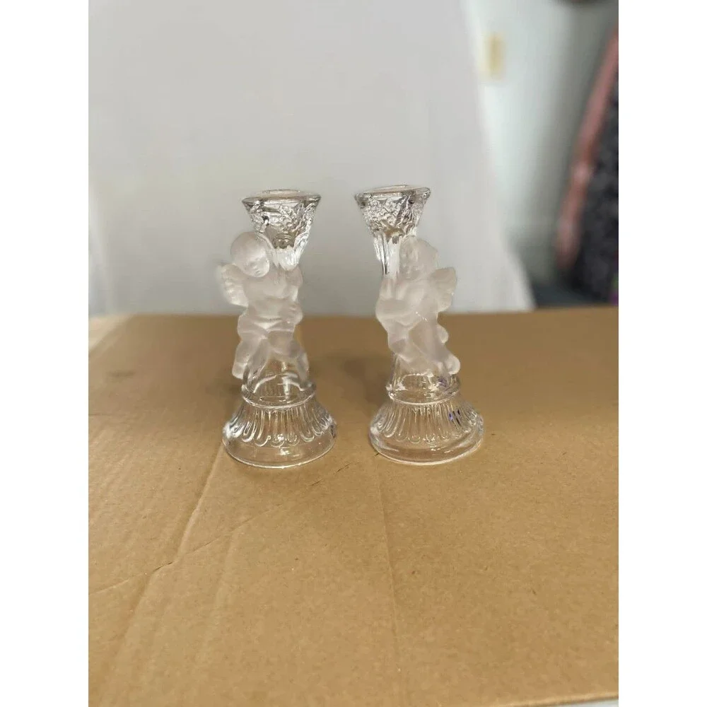 Cherub Candlestick Holders Set of 2‎ Clear Frosted Glass Angel Decor